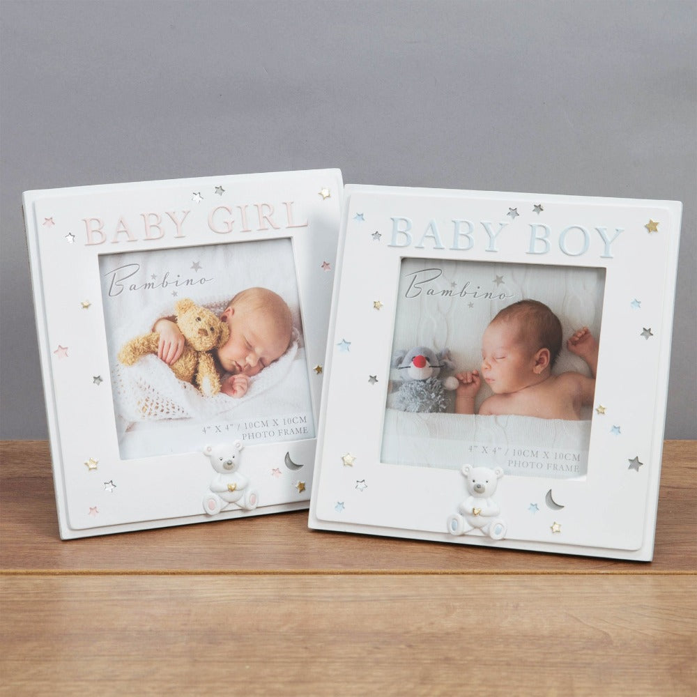 Bambino Resin Baby Girl Photo 4" x 4"  Celebrate your beautiful new addition with this 4" x 4" 'Baby Girl' photo frame. From BAMBINO BY JULIANA® - keeping the earliest memories alive forever.