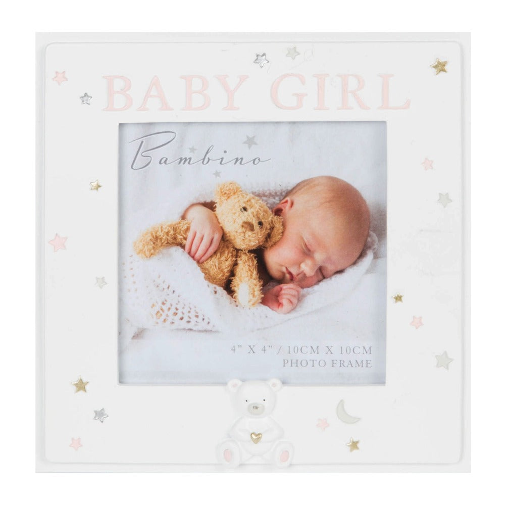Bambino Resin Baby Girl Photo 4" x 4"  Celebrate your beautiful new addition with this 4" x 4" 'Baby Girl' photo frame. From BAMBINO BY JULIANA® - keeping the earliest memories alive forever.