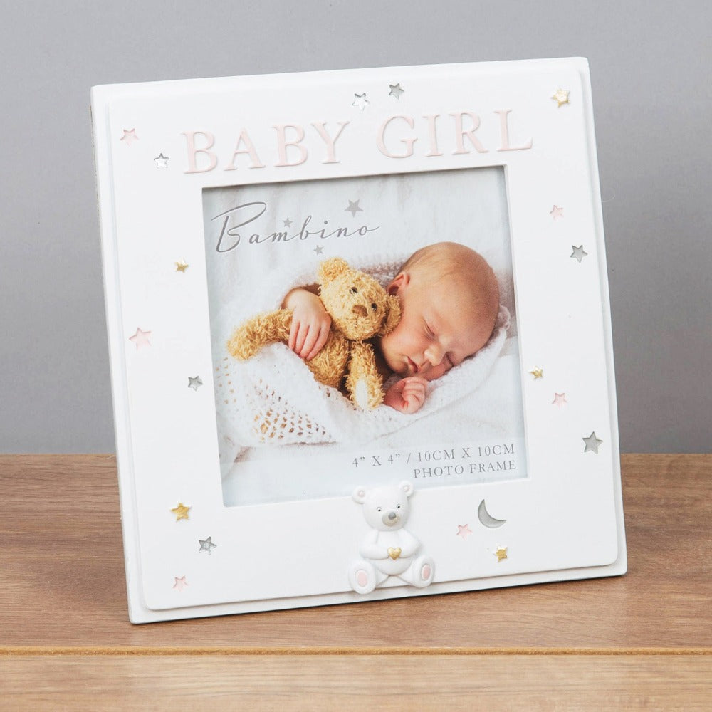 Bambino Resin Baby Girl Photo 4" x 4"  Celebrate your beautiful new addition with this 4" x 4" 'Baby Girl' photo frame. From BAMBINO BY JULIANA® - keeping the earliest memories alive forever.