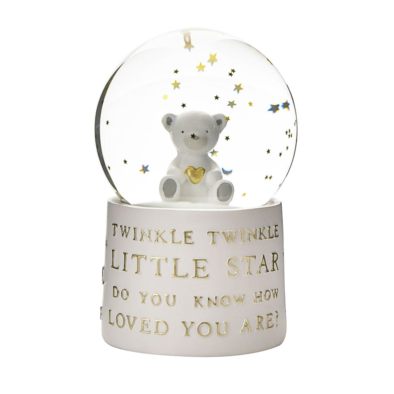 Bambino Resin Snow Globe with Music Twinkle Twinkle Little Star  Celebrate a precious new arrival with this beautiful hand painted musical 'Twinkle Twinkle Little Star, Do You Know How Loved You Are?' snowglobe. From BAMBINO BY JULIANA® Nursery Accessories - elegant and subtle nursery accessories for the modern home.