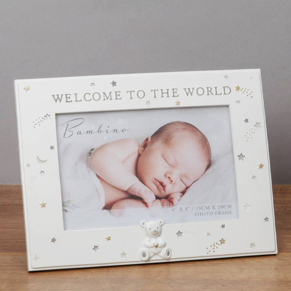 Bambino Resin Welcome to the World Photo Frame 6" x 4"  Celebrate your beautiful new addition with this 6" x 4" 'Welcome to the World' landscape photo frame. From BAMBINO BY JULIANA® - keeping the earliest memories alive forever.