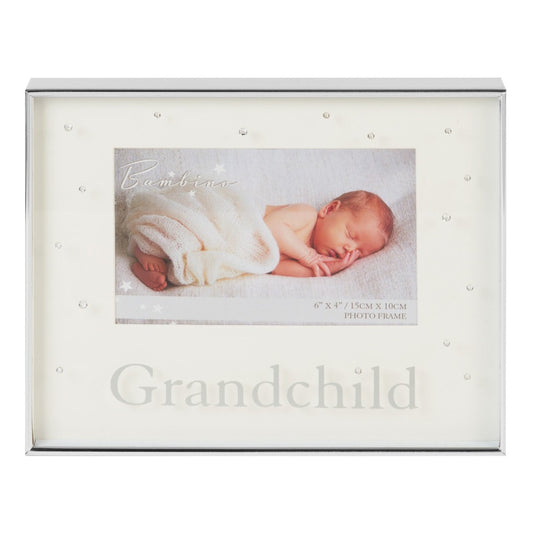 Bambino Silver Plated Photo Frame - 6" x 4" Grandchild  A beautiful silver plated 6" x 4" (15x10cm) 'Grandchild' photo frame from BAMBINO BY JULIANA®. The frame features a crisp white mount, mirror 'Grandchild' title on the glass and crystal embellishments. Complete with luxury black velveteen standing strut.
