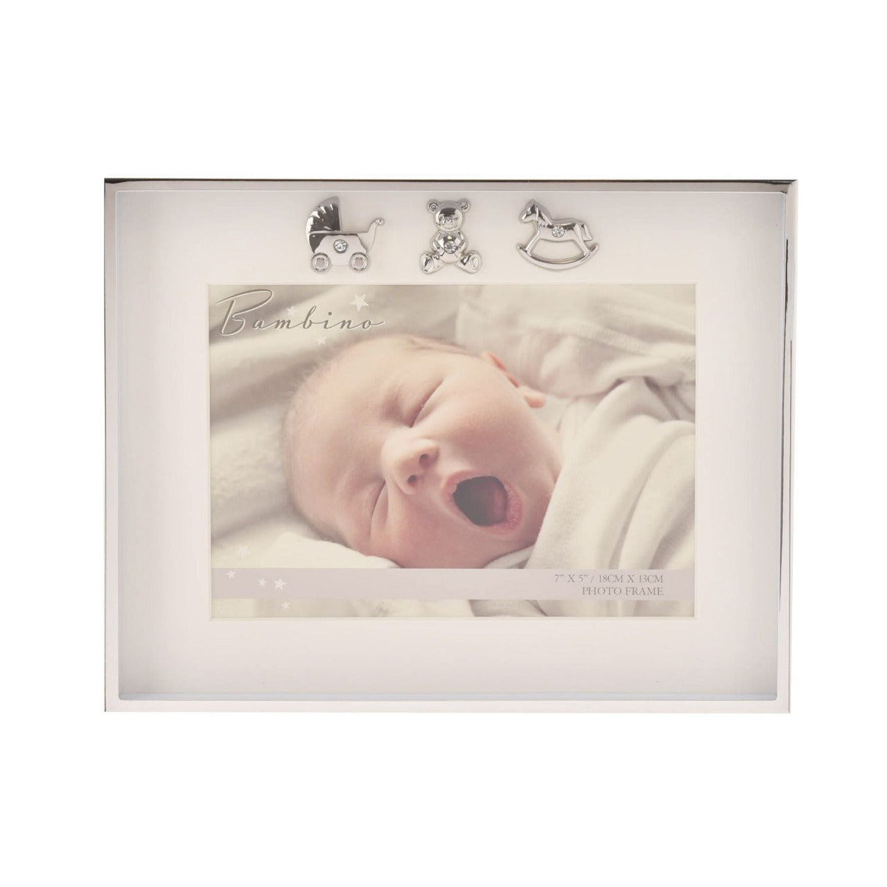 Bambino Thin Silver Plated Photo Frame 7" x 5"  A gorgeous 7" x 5" silver plated photo frame from BAMBINO BY JULIANA®. The box frame is embellished with crystal finished teddy bear, pram and rocking horse icons and features a crisp white mount and standing strut.