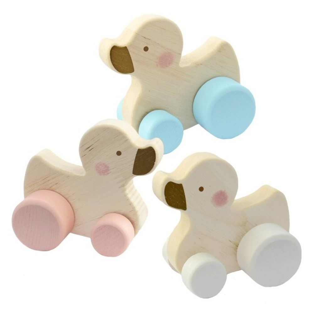 Bambino Wood Duck Push Toy - Blue Wheels  Help your little one develop their coordination skills with one of these adorable wooden duck push toys. From BAMBINO BY JULIANA® - opening new eyes to a world of wonder.