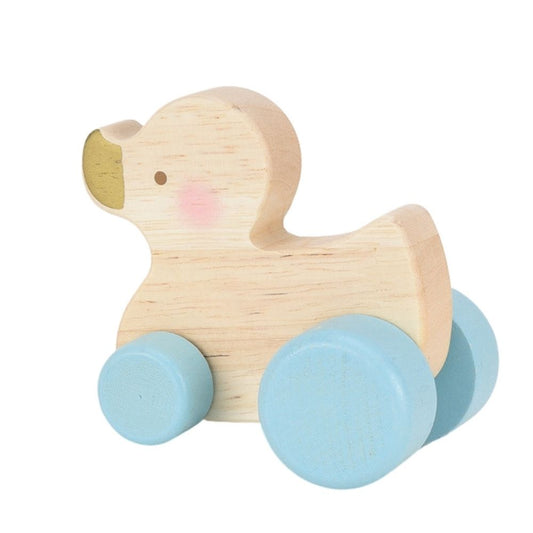 Bambino Wood Duck Push Toy - Blue Wheels  Help your little one develop their coordination skills with one of these adorable wooden duck push toys. From BAMBINO BY JULIANA® - opening new eyes to a world of wonder.