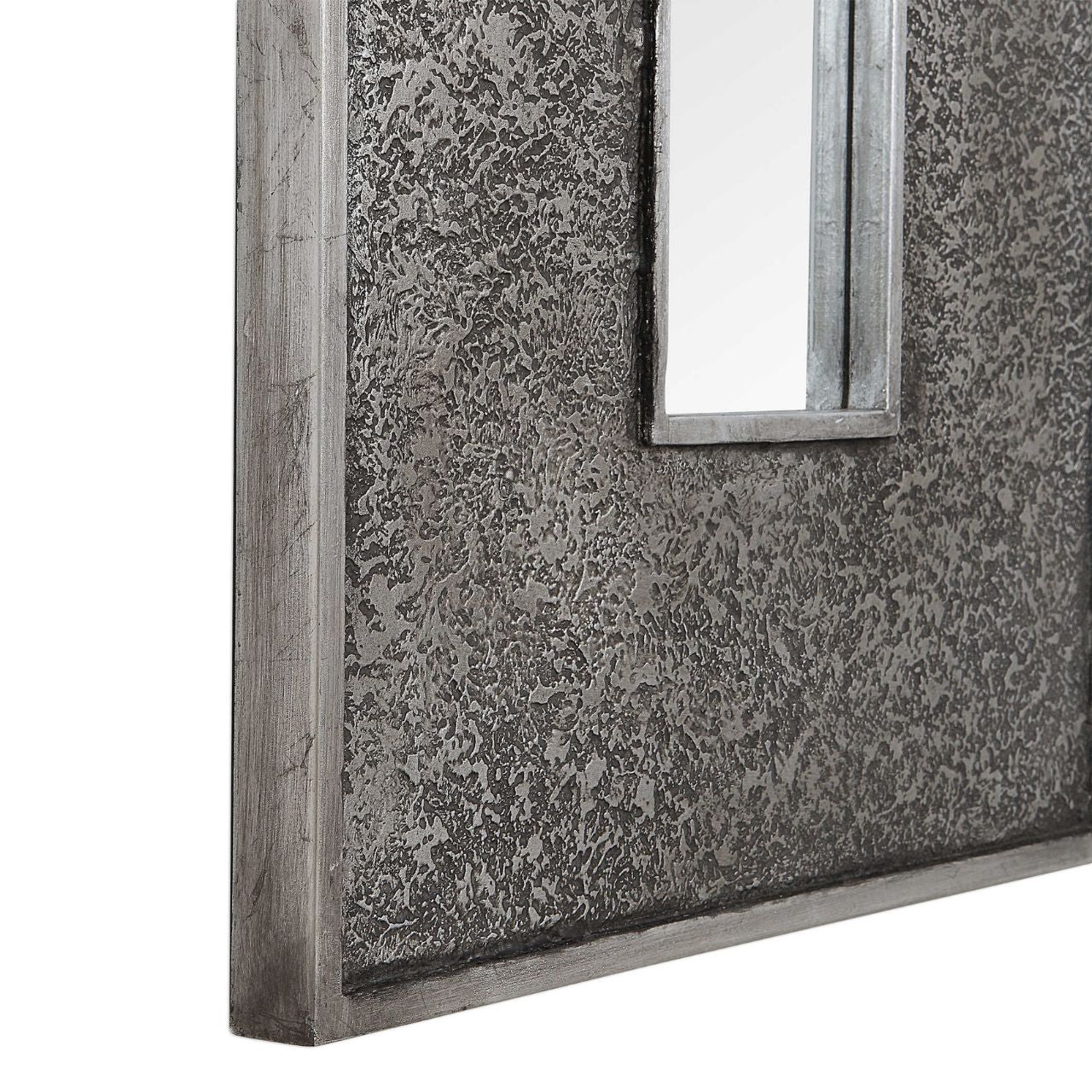 Bannon Mirror by Mindy Brownes - NEW  This rectangular mirror features a heavily textured surface finished in a metallic silver leaf with a heavy charcoal wash over a solid wood construction. This contemporary design boasts a great profile for showing individually or multiple for a bold statement. The mirror is bevelled and can hang vertically and horizontally.