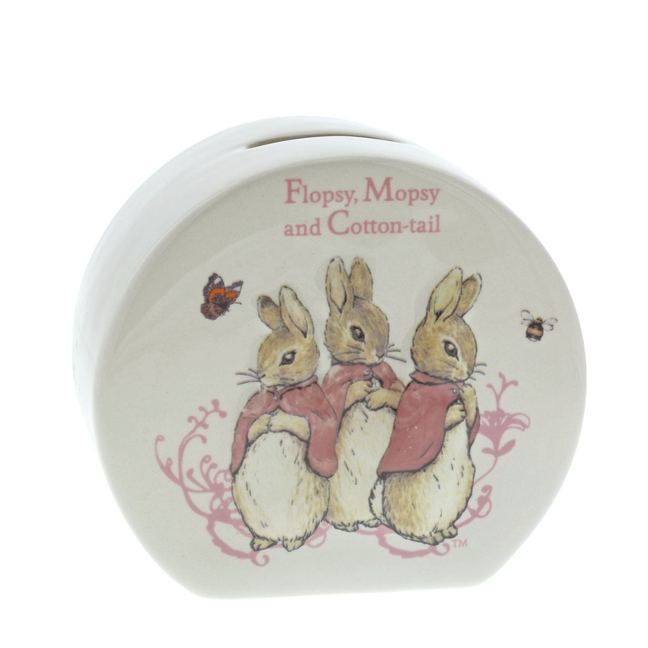 Beatrix Potter Flopsy, Mopsy & Cotton-tail Money Bank  The artwork for each product is taken from the original illustrations from the Beatrix Potter stories. Material; Ceramic. Presented in a branded gift box. Not a toy or children's product. Intended for adults only.