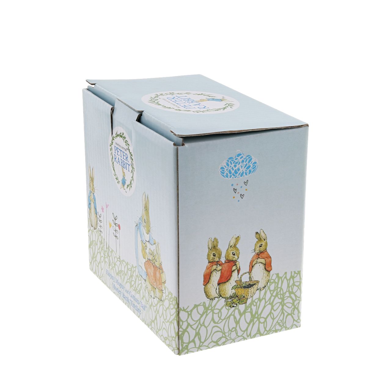 Beatrix Potter Flopsy, Mopsy & Cotton-tail Money Bank  The artwork for each product is taken from the original illustrations from the Beatrix Potter stories. Material; Ceramic. Presented in a branded gift box. Not a toy or children's product. Intended for adults only.