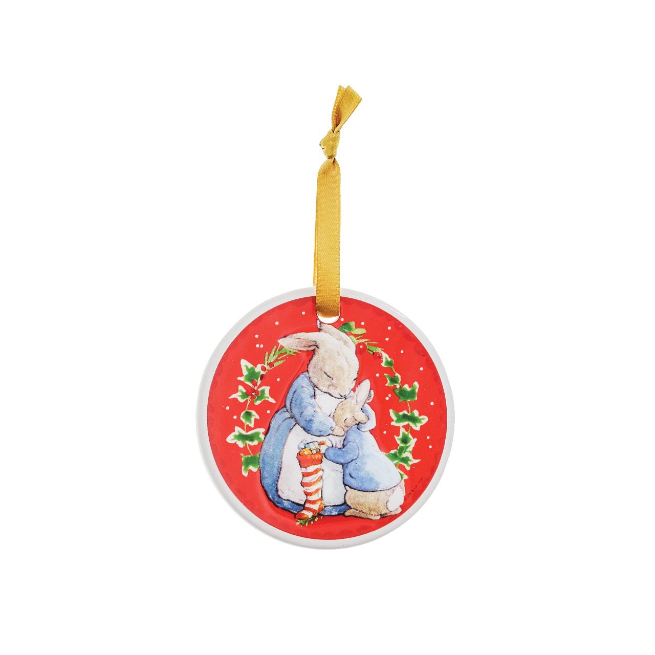Beatrix Potter Peter Rabbit Ceramic Hanging Ornaments Set of 4  Peter Rabbit Hanging Ornaments with gold ribbon will add the spirit of Christmas to any household. With four different images, all from the original Beatrix Potter illustrations and stories, these Peter Rabbit Hanging Ornaments are extra special. Coming in a branded gift box, these make a great gift or self purchase.