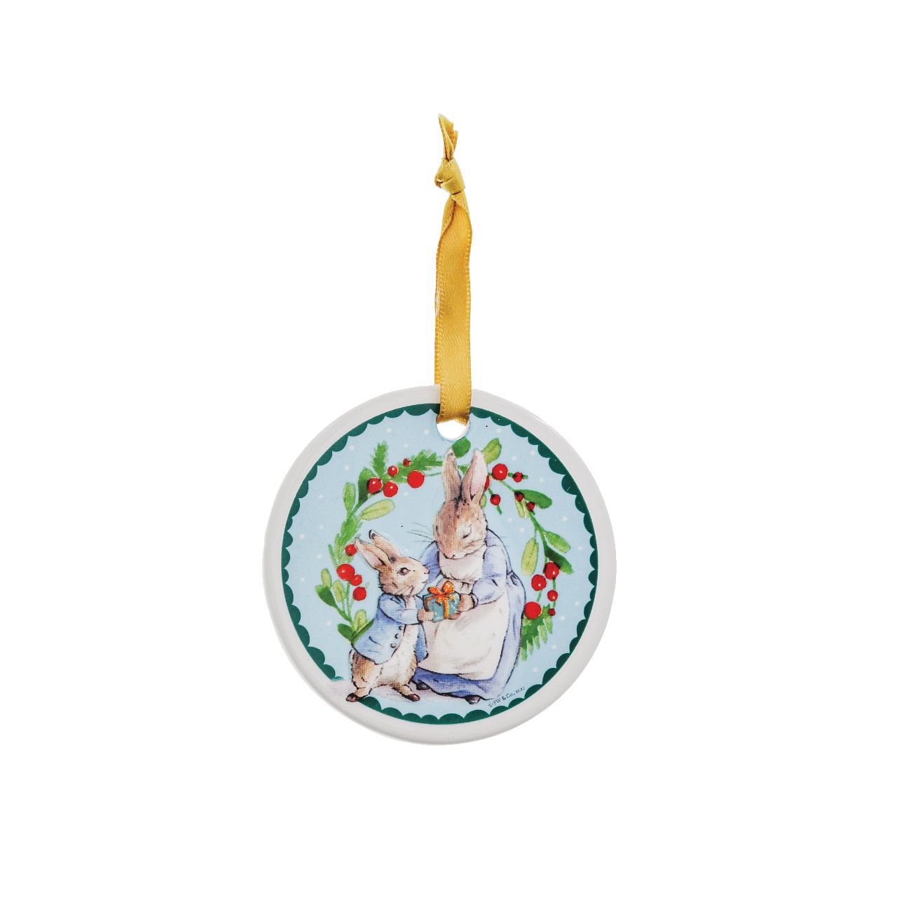 Beatrix Potter Peter Rabbit Ceramic Hanging Ornaments Set of 4  Peter Rabbit Hanging Ornaments with gold ribbon will add the spirit of Christmas to any household. With four different images, all from the original Beatrix Potter illustrations and stories, these Peter Rabbit Hanging Ornaments are extra special. Coming in a branded gift box, these make a great gift or self purchase.
