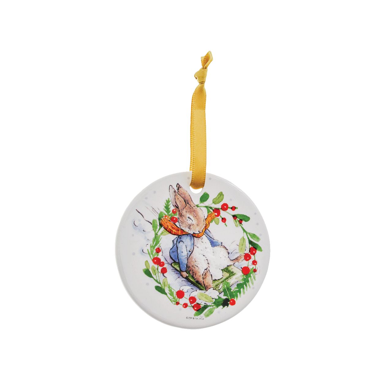 Beatrix Potter Peter Rabbit Ceramic Hanging Ornaments Set of 4  Peter Rabbit Hanging Ornaments with gold ribbon will add the spirit of Christmas to any household. With four different images, all from the original Beatrix Potter illustrations and stories, these Peter Rabbit Hanging Ornaments are extra special. Coming in a branded gift box, these make a great gift or self purchase.