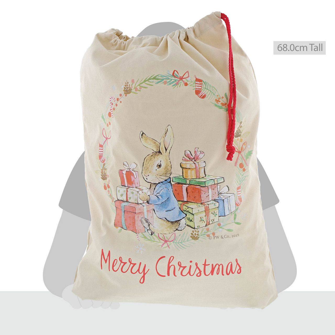 Peter Rabbit Christmas Sack  This Charming Peter Rabbit Christmas sack makes a brilliant alternative to a Christmas stocking, so why not make a new tradition this Christmas. Made of 100% cotton, this Christmas sack is durable and can be used year after year. It is large enough to fit lots of presents in for Christmas morning and looks great underneath the tree. 