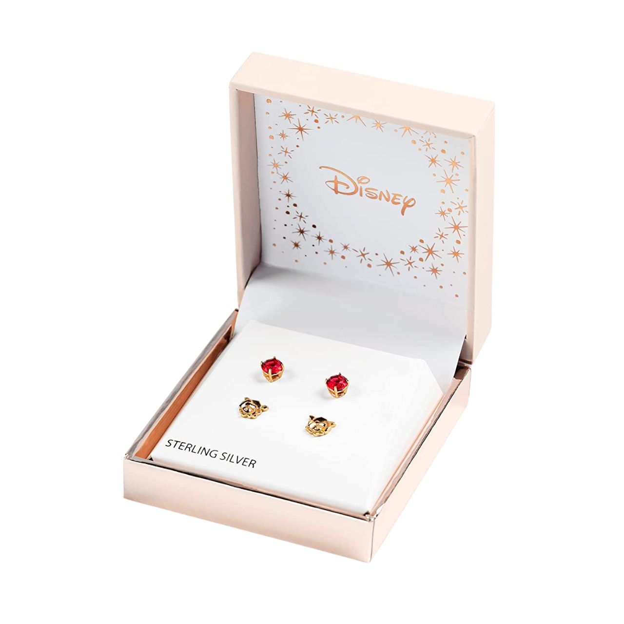 Disney Beauty And The Beast Sterling Silver Rose Gold Plated Red Stone Stud Earrings  Disney Beauty and the Beast Princess Collection, these beautiful gold plated rose studs and a pair of red stone studs Princess earrings adding a feminine touch to the Disney classic piece of Jewellery.  Trendy and fashionable design, the Disney Princess collection, sterling silver earrings add a chic, fun touch to any outfit. Official Disney Beauty and the Beast earrings are the perfect gift for any Disney princess fan.