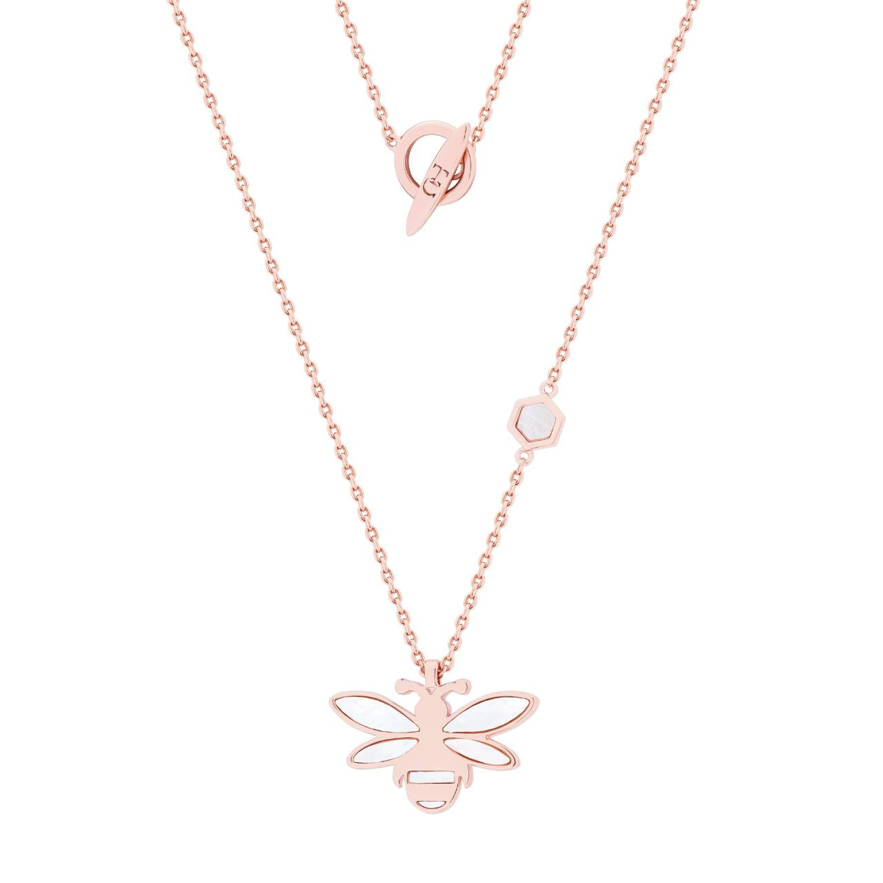 Bee Rose Gold Mother of Pearl Cut Out Pendant - New Winter 2022   Chain Length: 800 mm long chain  Pendant Dimensions: 24*15 mm