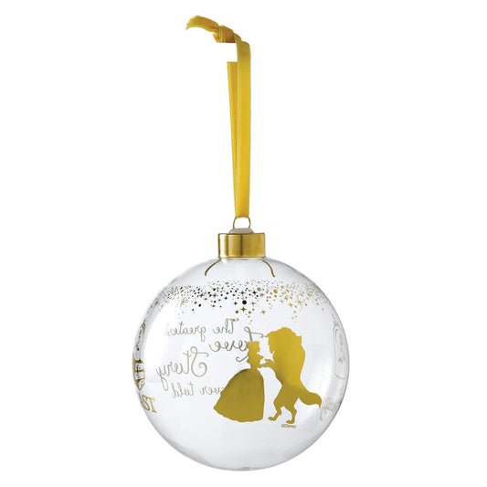 Belle Wedding Bauble  This glass Beauty and the Beast bauble is the perfect gift to remind the happy couple of their love story. The bauble is strung with gold ribbon and is presented in a Disney branded gift box. Not a toy or children's product. Intended for adults only.
