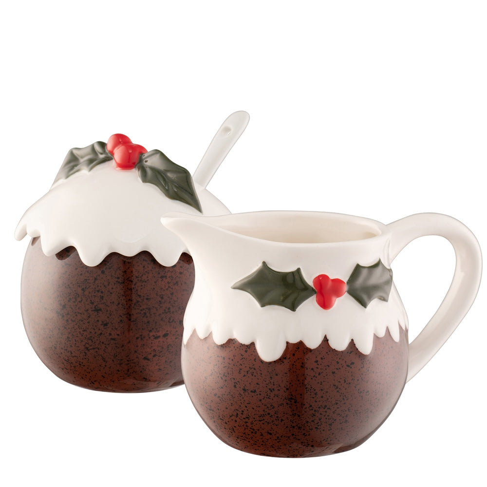 Belleek Living Christmas Pudding Covered Pot with Spoon & Small Jug Set  Bring some fun to your table when you entertain this Christmas. Our novelty Christmas Pudding Tableware Collection includes a pair of mugs, covered pot with spoon and small jug, salt and pepper set and sweet jar.