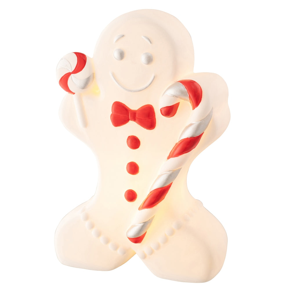 Belleek Living Gingerbread Man LED  This lovely little character Gingerbread Man will add charm to any room. Hand painted in Silver and red, the Lollipop and Candy Cane contrast with the white porcelain creating a beautiful effect and soft glow once lit.