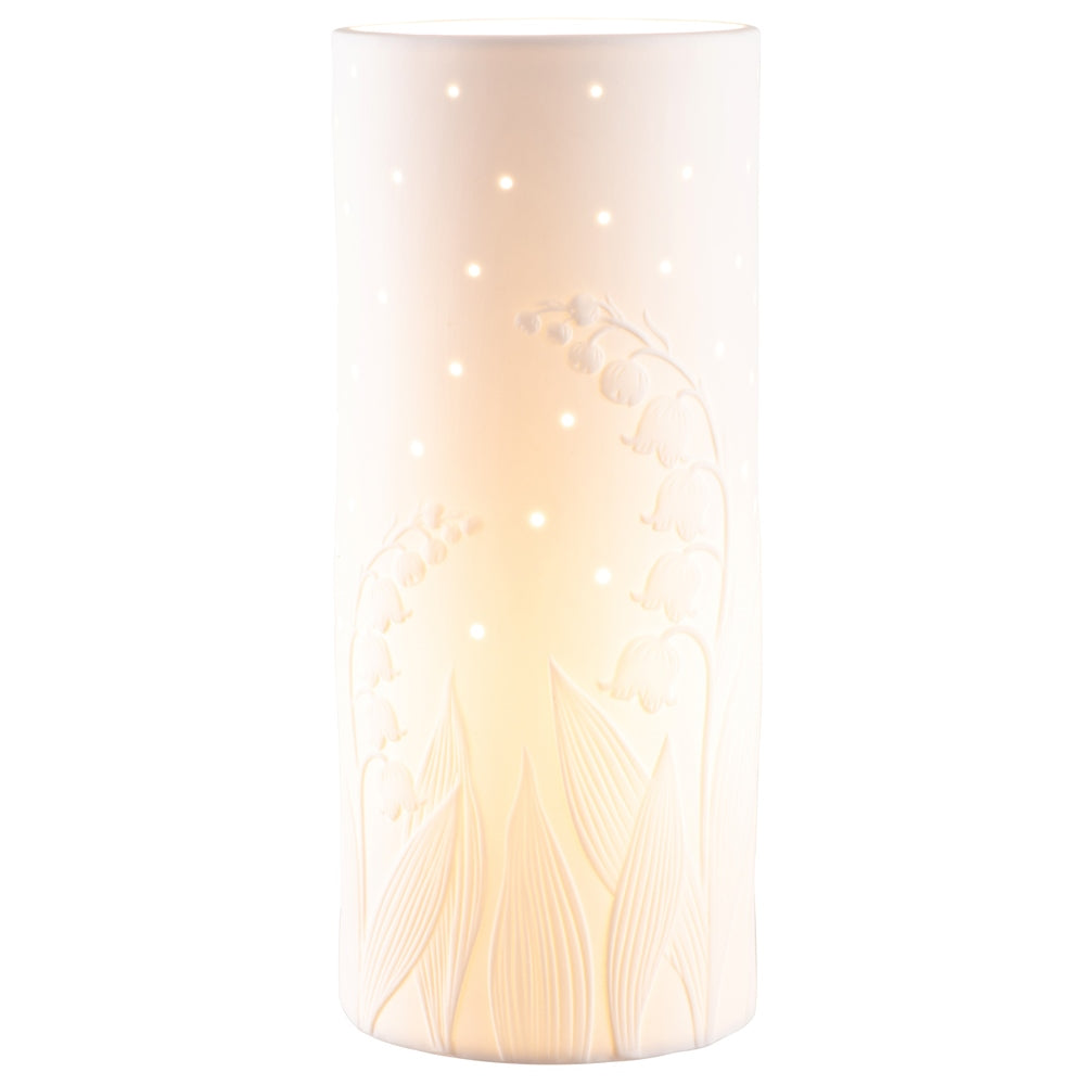Belleek Living Lily of the Valley Luminaire  Featuring exquisitely modelled motifs of the lily of the valley plant, this luminaire is timeless and elegant. Belleek Living Luminaire lamps emit a soft warm glow highlighting the delicate surface decoration and piercing, creating beautiful mood lighting for your home. Mains powered, light bulb included.