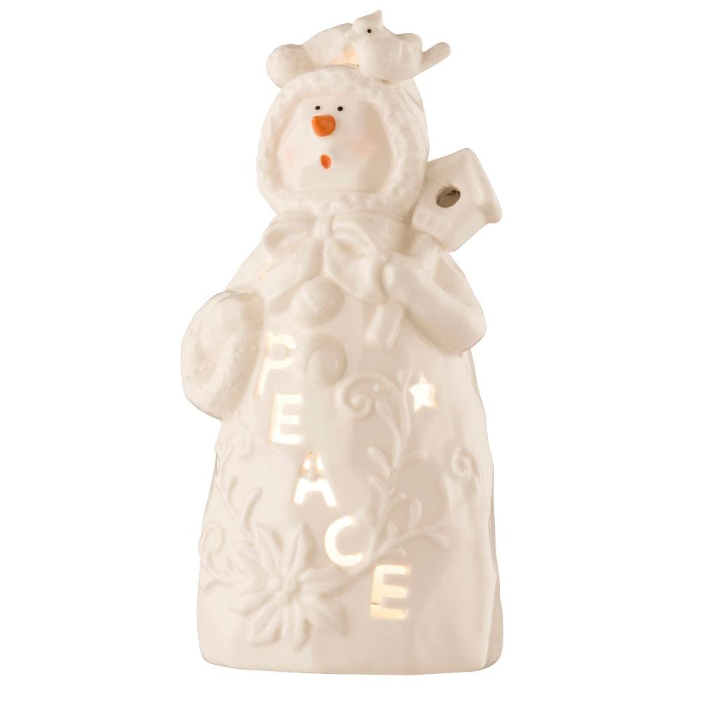 Peace Snowman - Votive by Belleek Living  This Peace Snowman Votive displays a chilly snowman with doves sitting on his head portraying the essence of "Peace". 