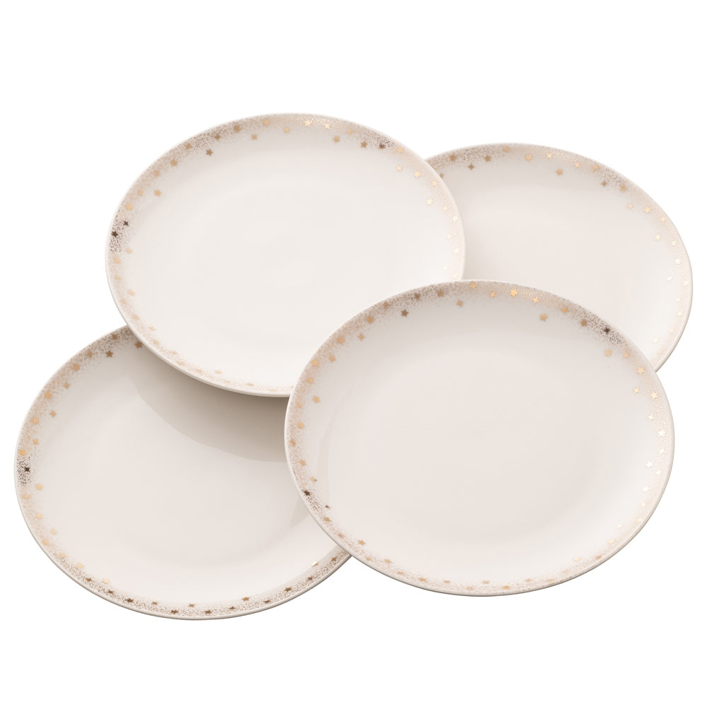 Christmas Stardust Set of 4 Tea Plates by Belleek Living  Stardust features contemporary coupe shapes and a delicately stippled gold band with scattered gold accent stars adorning the edge. This set of 4 Tea Plates feature a subtle and elegant with a whimsical twist; the ideal pattern to add a bit of understated sparkle to any table for a special occasion.
