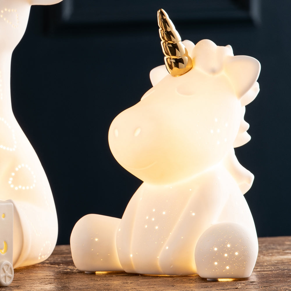Belleek Living Unicorn Luminaire  The Belleek Living Luminaire lamps emit a soft warm glow highlighting the delicate surface decoration and piercings, creating beautiful mood lighting for your home.