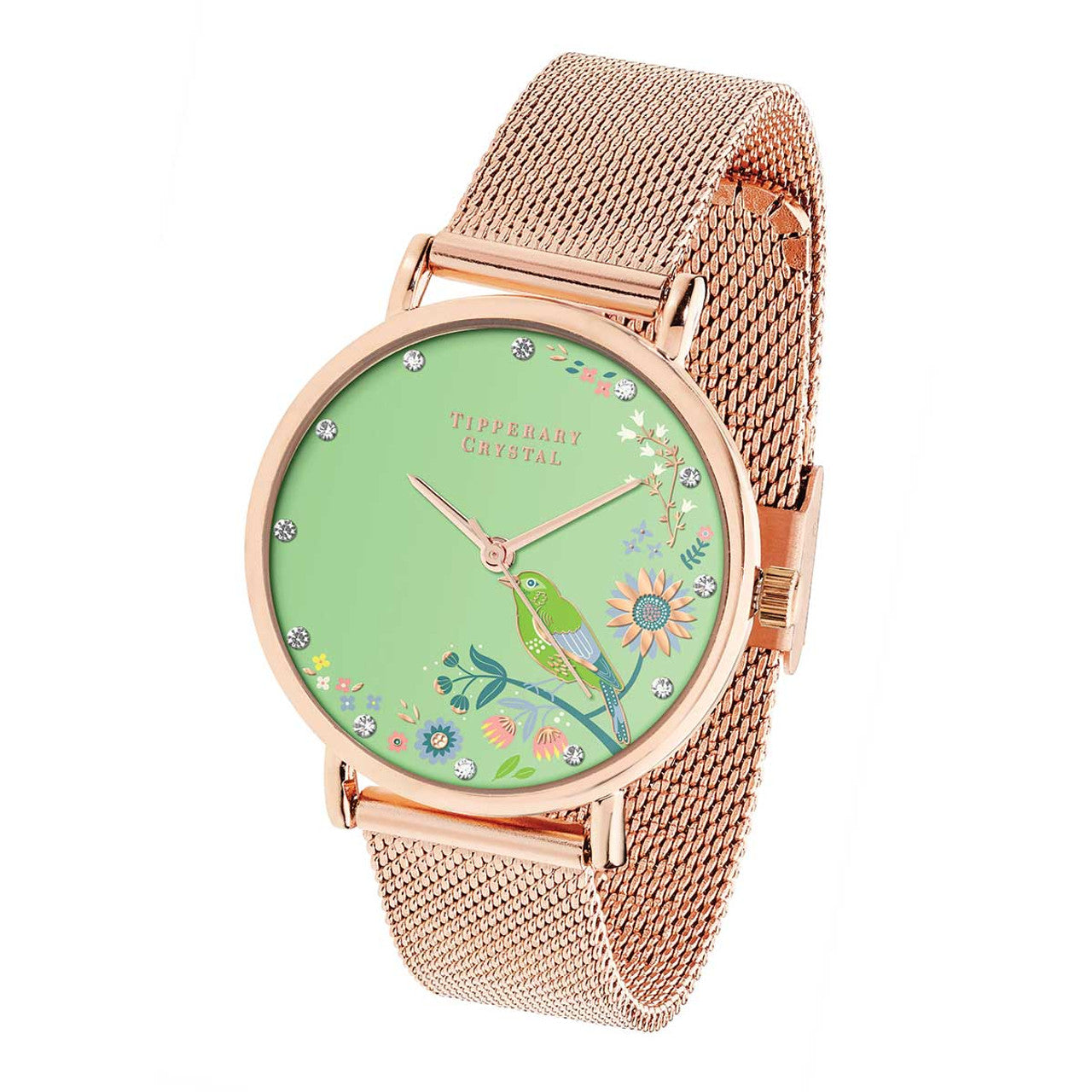 Tipperary Crystal Birdy Greenfinch Rose Gold Birdy Watch  The Birdy Collection is a vibrant collection of rose gold watches showcasing the Birdy designs. The watches feature an array of Irish garden birds in an enchanted garden setting, embellished with rose gold detailing and crystal insets.