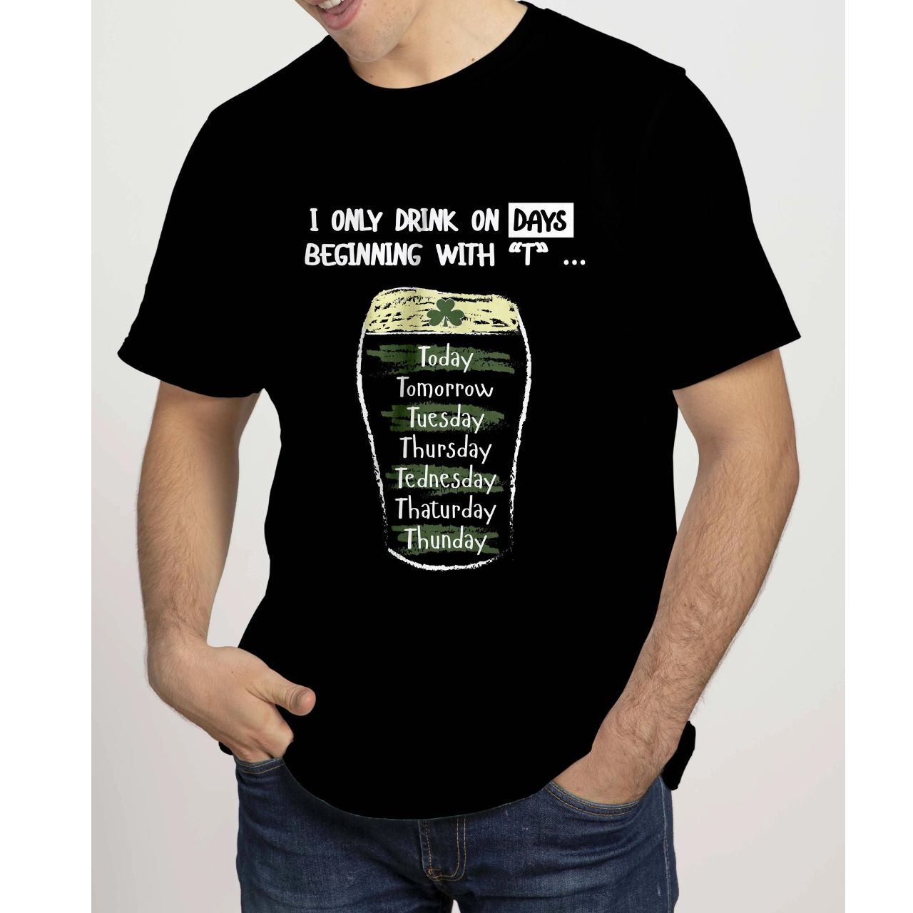 Black Adult Drinking Days Beginning With ‘T’ T-Shirt  - 100% cotton - Ash 99% cotton,1% polyester - Heather Grey 97% cotton, 3% polyester - Crew Neck - Designed And Printed in Ireland By Cara craft - Machine Washable