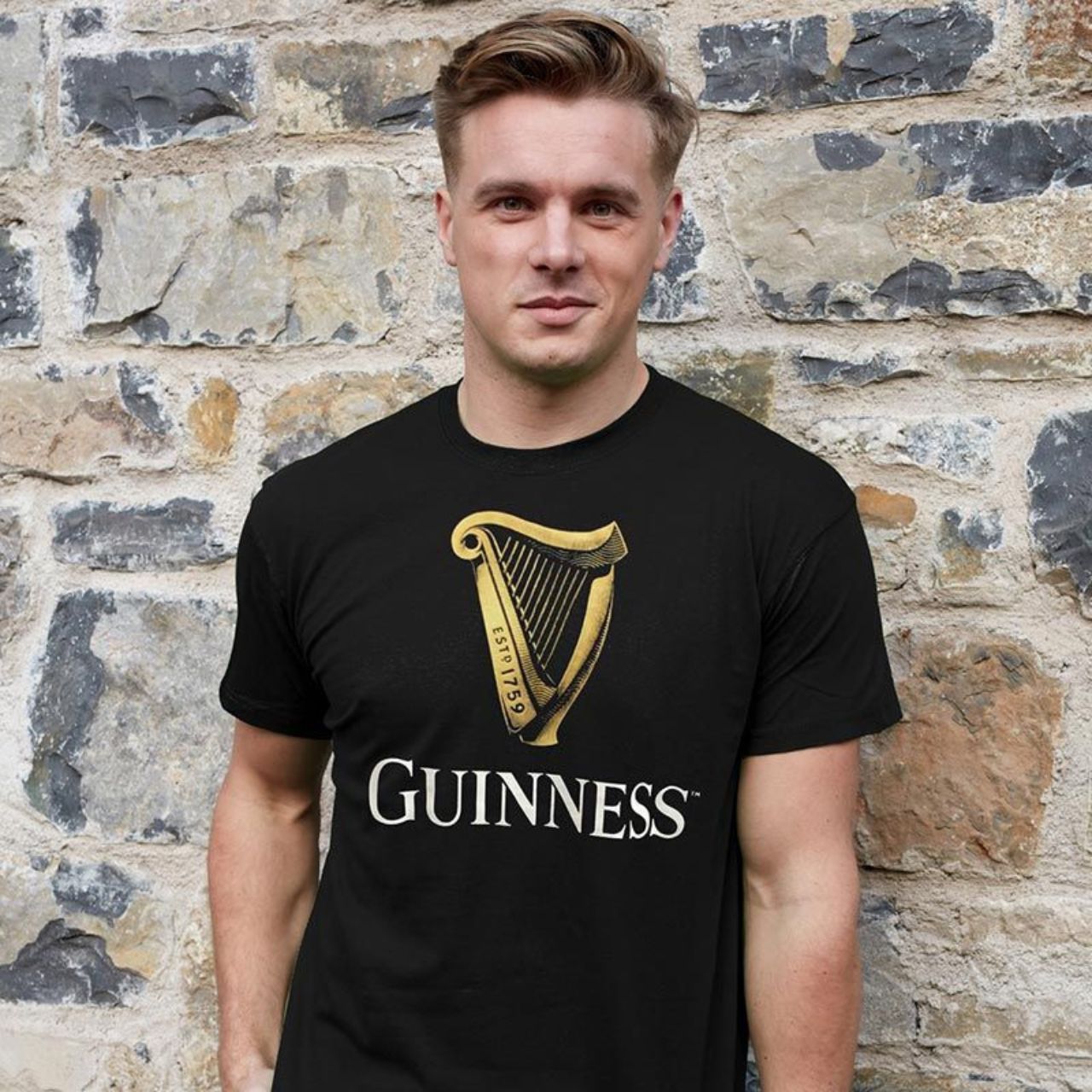 Black Guinness Harp T-Shirt  Guinness Official T-Shirt features the iconic golden harp, the Guinness inscription, and the 1759 Logo for the year Guinness was first started.