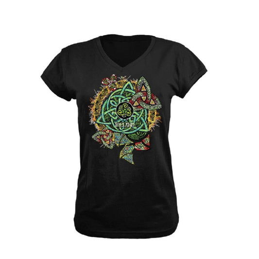 Black Ireland Colourful Celtic Knot V-Neck Ladies T-Shirt  Ladies V-Neck Celtic Irish designed V-Neck t-shirt designed in colourful Celtic knot designs.  - Made of 100% Cotton - V-Neck T-Shirt - Celtic Designed Irish T-Shirt