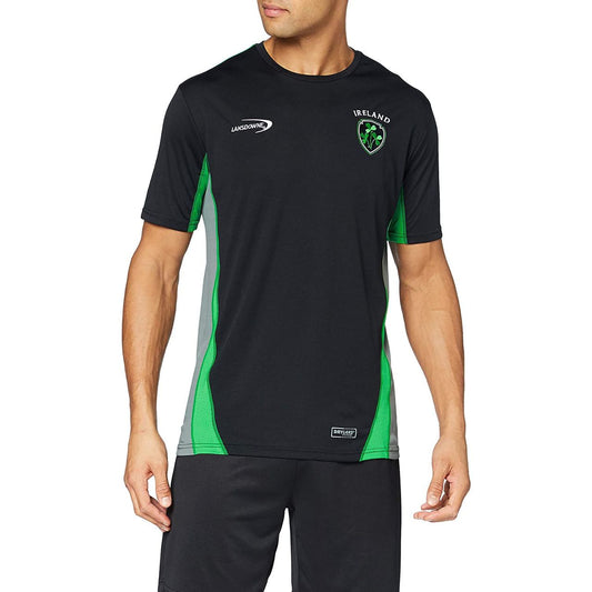 Lansdowne Black Ireland Shamrock Men’s Performance T-Shirt   Lansdowne Sports Official Collection Black Ireland Shamrock jersey is made from a breathable, lightweight fabric with short sleeves and a classic round collar and Relaxed Fit..  Made of a Dry Fit Performance fabric, high-quality material that will wick away moisture from your body to keep you comfortably dry while you're playing on the field.  - Lansdowne Sports Official Collection - Relaxed Fit