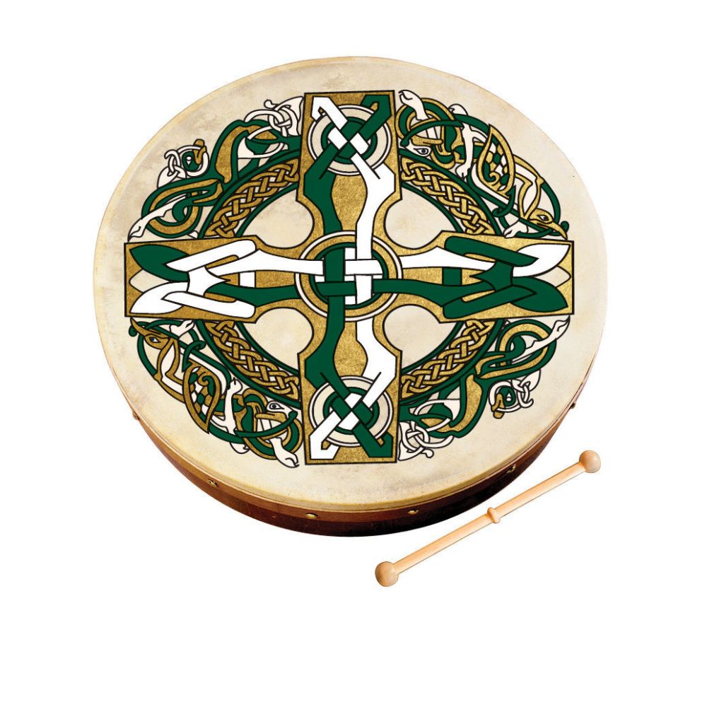 Waltons 8" Celtic Design Bodhran Gaelic Cross  Great entry-level bodhrán with celtic design. Handcrafted from the finest wood with real goatskin heads. Hardwood beater included with every bodhrán.