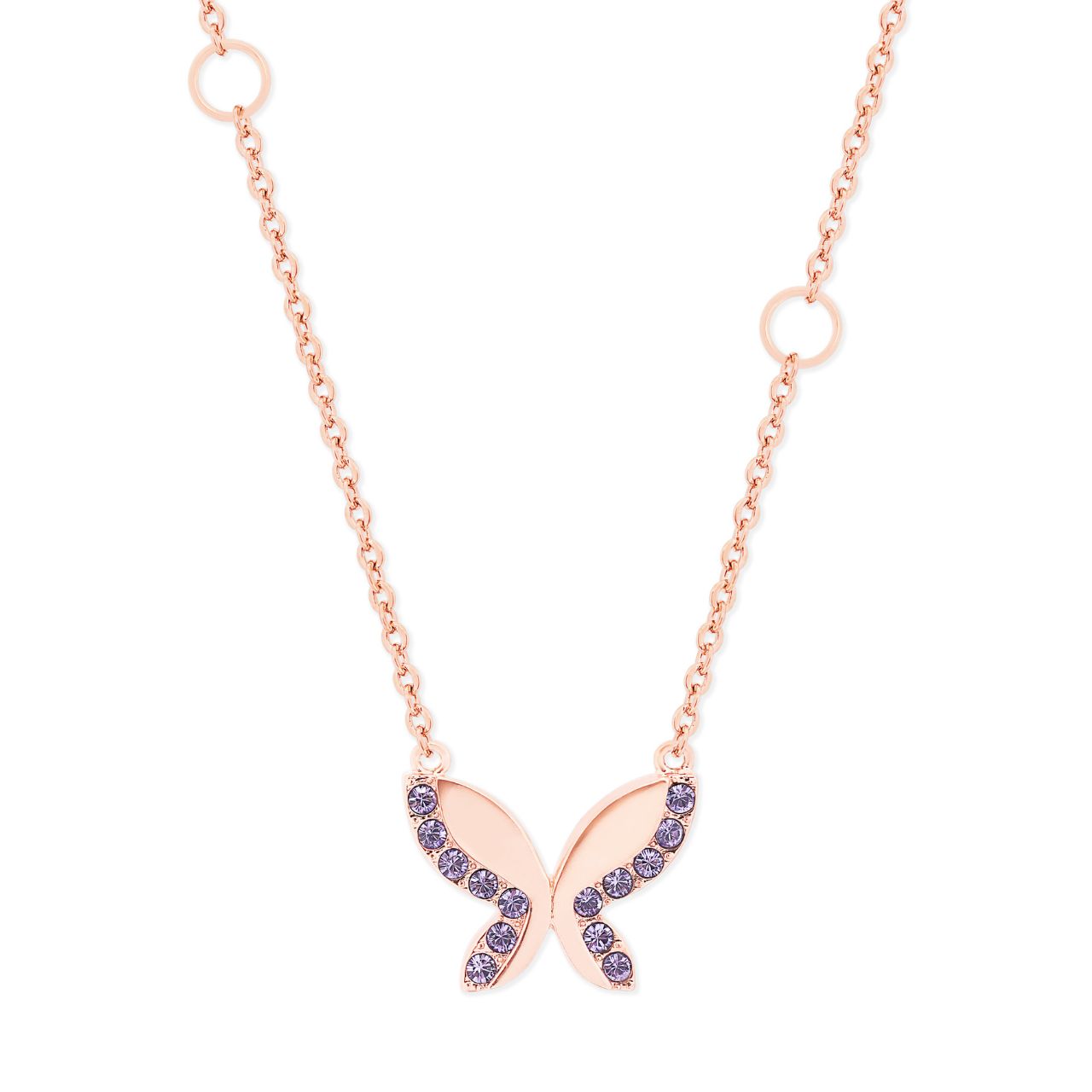 Tipperary Crystal Purple Butterfly Rose Gold Necklace  This pretty butterfly necklace can be worn alone or with matching earrings. Sparkling amethyst czs are set delicately on the wings.
