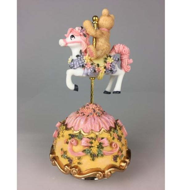 Teddy Bear on Carousel Horse Pink by Music Box World