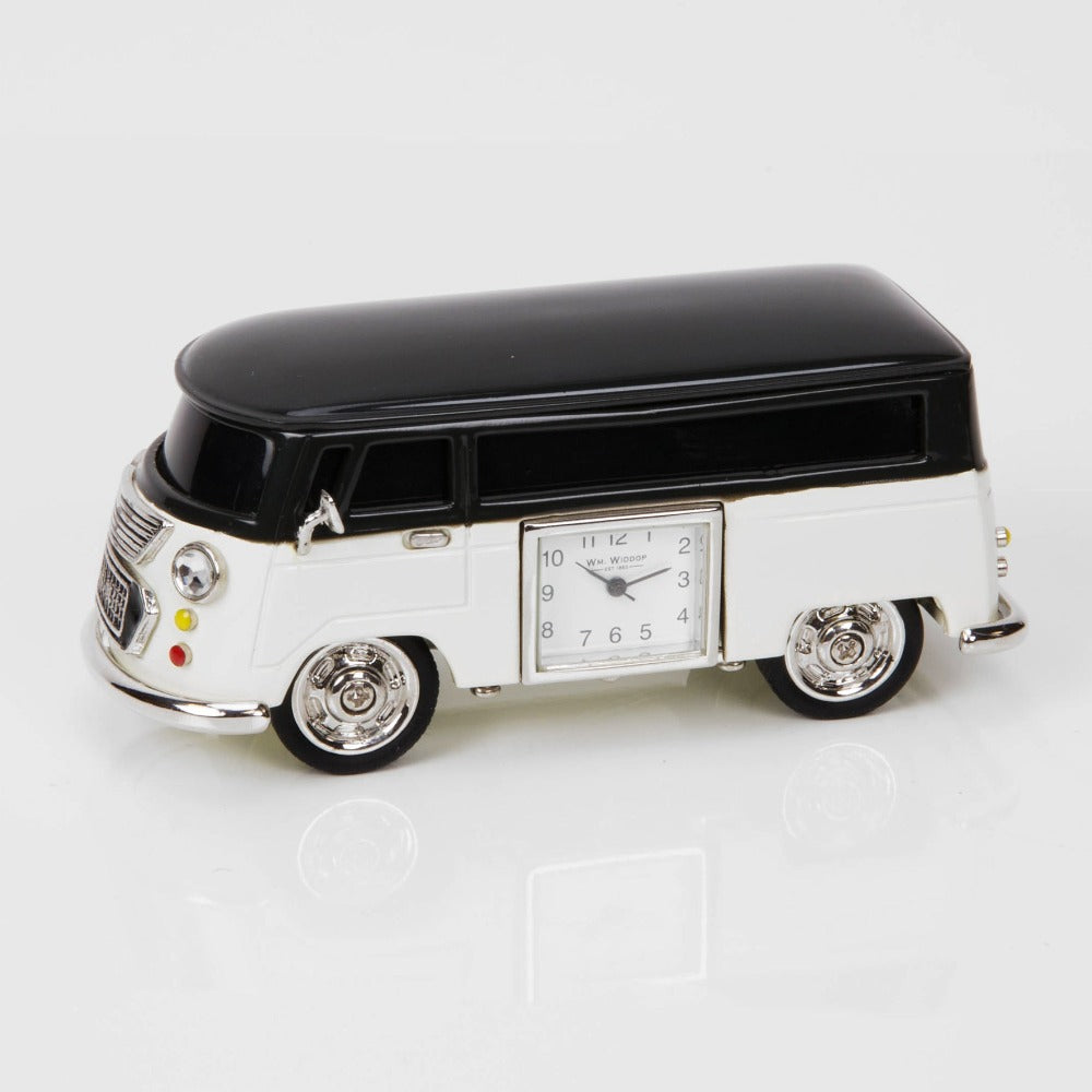 Camper Van Miniature Clock - Black & Cream  A beautifully intricate die-cast metal camper van miniature clock. From WILLIAM WIDDOP - over 130 years of unrivaled innovation and unbeatable quality in British timekeeping.