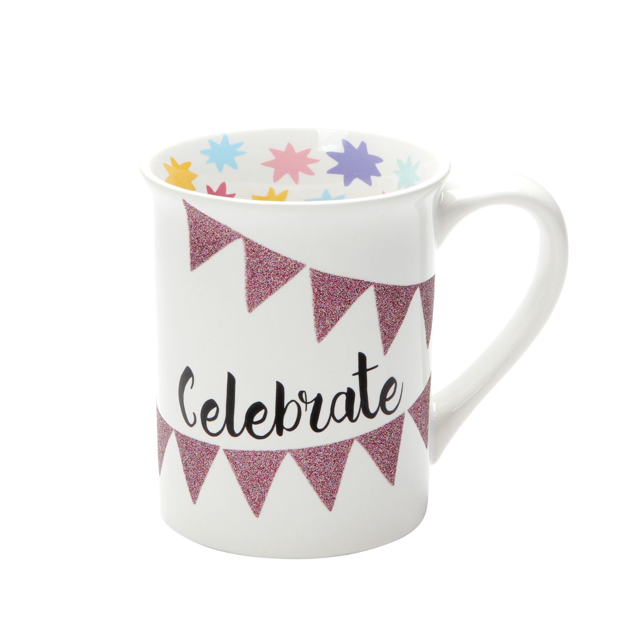 MUD Celebrate Glitter Mug  Every good celebration needs a little sparkle. Whether it's a birthday, a baby shower, a wedding, or just a really good Thursday, add some glitter with our Celebrate mug to liven up anything worth celebrating. Party on and sparkle on. Messaging reads: "Celebrate," "Glitter is my favourite colour." 