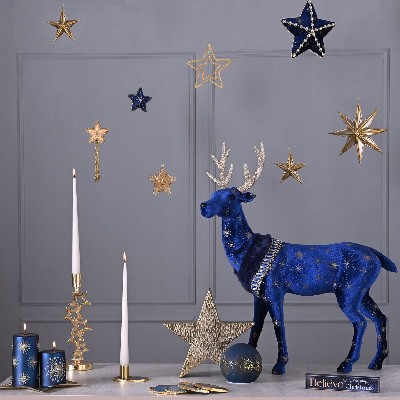 Christmas Celestial Blue and Gold Reindeer Large  A large celestial blue and gold reindeer.  This standout decoration will help to create a magical Winter Wonderland at home this festive period.