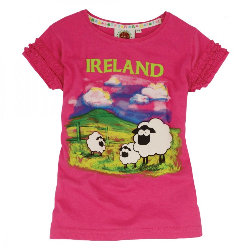 Cerise Pink Ireland Sheep Kids T-Shirt  This cerise pink kids cotton T-shirt is a part of the Traditional Craft Official Collection. It is a fitted style with cute frilly sleeves. It features a print of beautiful Irish scenery and puff print sheep.