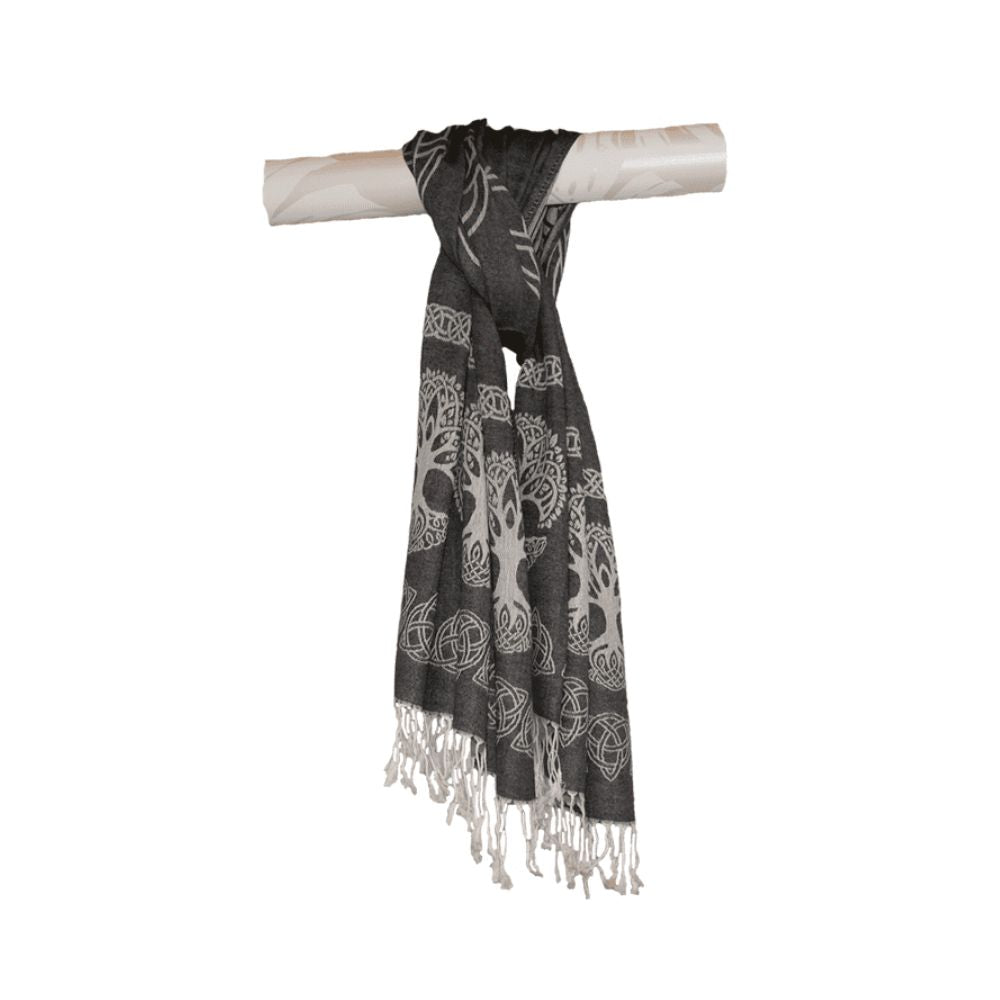Pashmina Scarf Charcoal With Tree Of Life Design  This is a luxurious pashmina scarf from Ireland. Beautiful soft cotton and fine silk combine to make the elegant shawl, wrap or scarf – whichever way you chose to wear it.