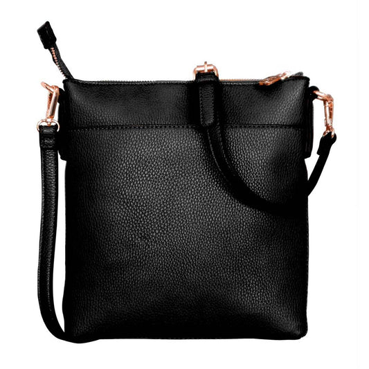 Tipperary Crystal The Chelsea Cross Body Pouch Black  The versatile and trendy Chelsea can be worn as a cross body and also over the shoulder. The Chelsea has an adjustable strap and easily accessible outside pocket and secure front zip pocket. Metal hardware detail finish off this stylish bag in rose gold or yellow gold.