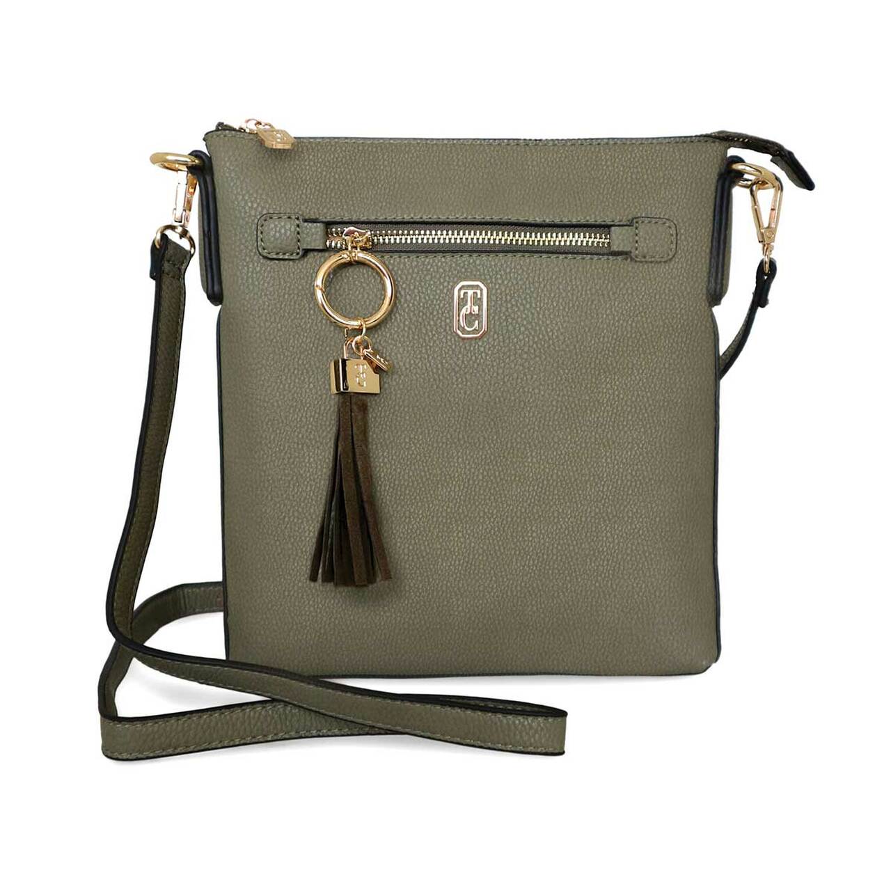 The Chelsea Cross Body Pouch Olive by Tipperary Crystal  The Chelsea Cross Body Pouch Olive - Yellow gold hardware The versatile and trendy Chelsea can be worn as a cross body and also over the shoulder. The Chelsea has an adjustable strap and easily accessible outside pocket and secure front zip pocket. Metal hardware detail finish off this stylish bag in rose gold or yellow gold.