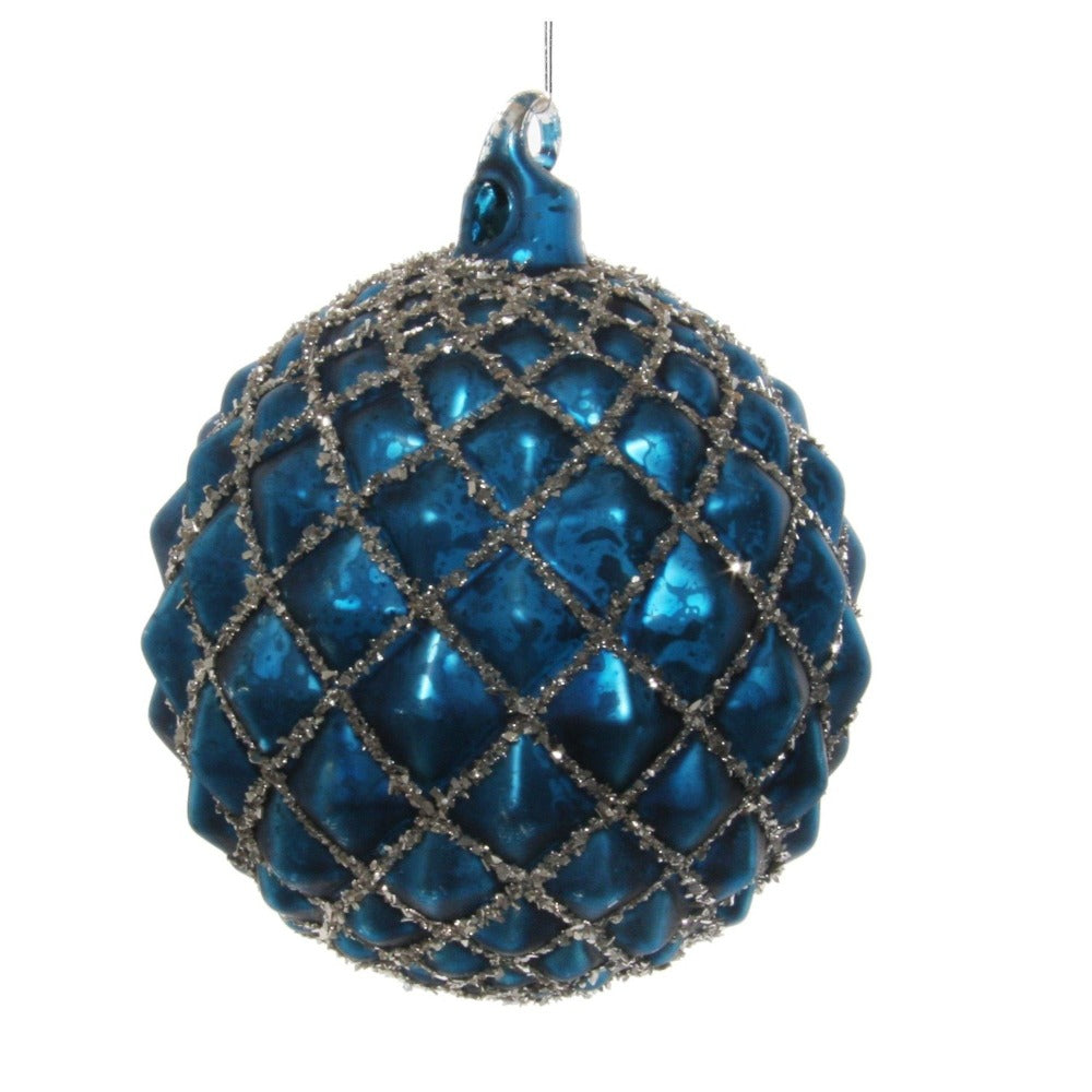 Shishi Blue Antique Glass Cone Ball Silver Glitter Christmas Hanging Ornament