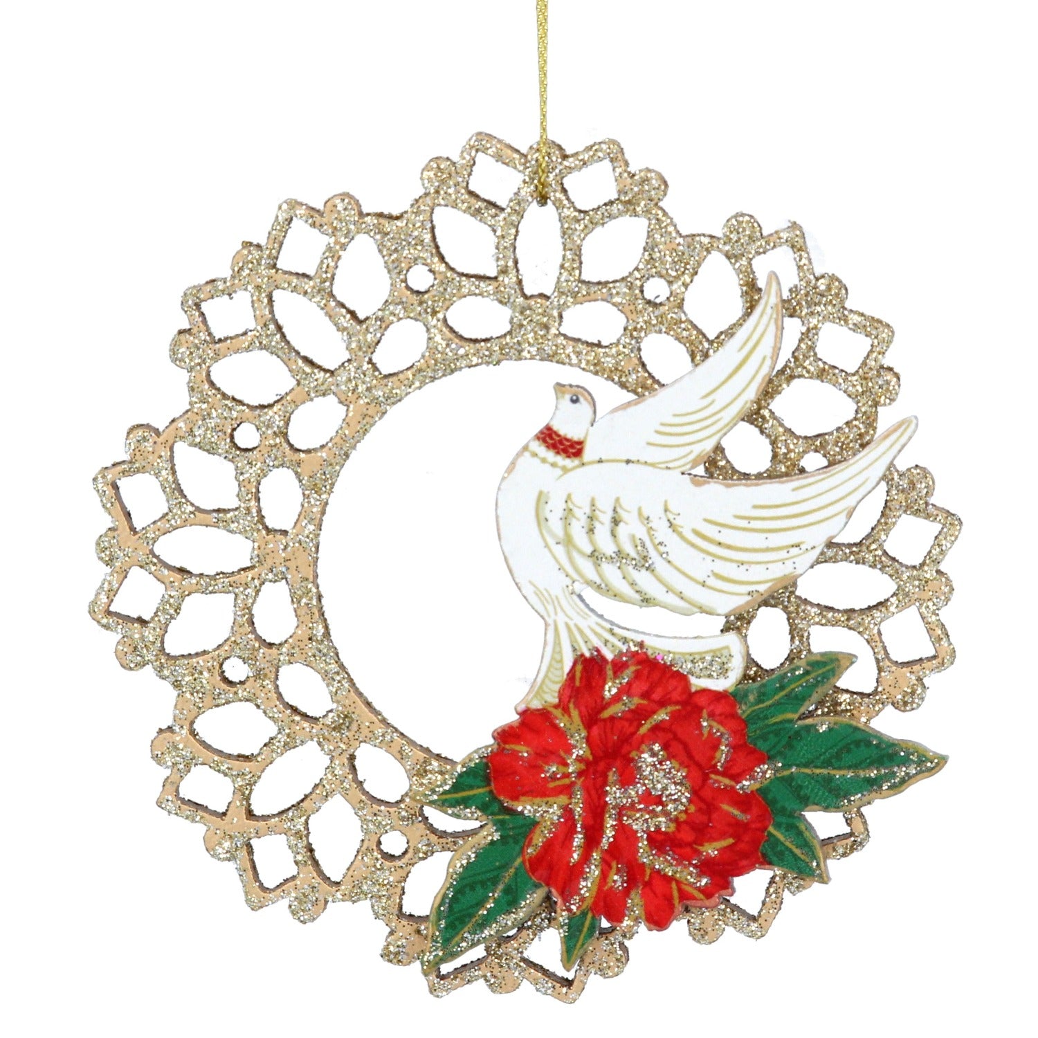 Gisela Graham Dove with Rose on Wood Fretwork Christmas Ornament