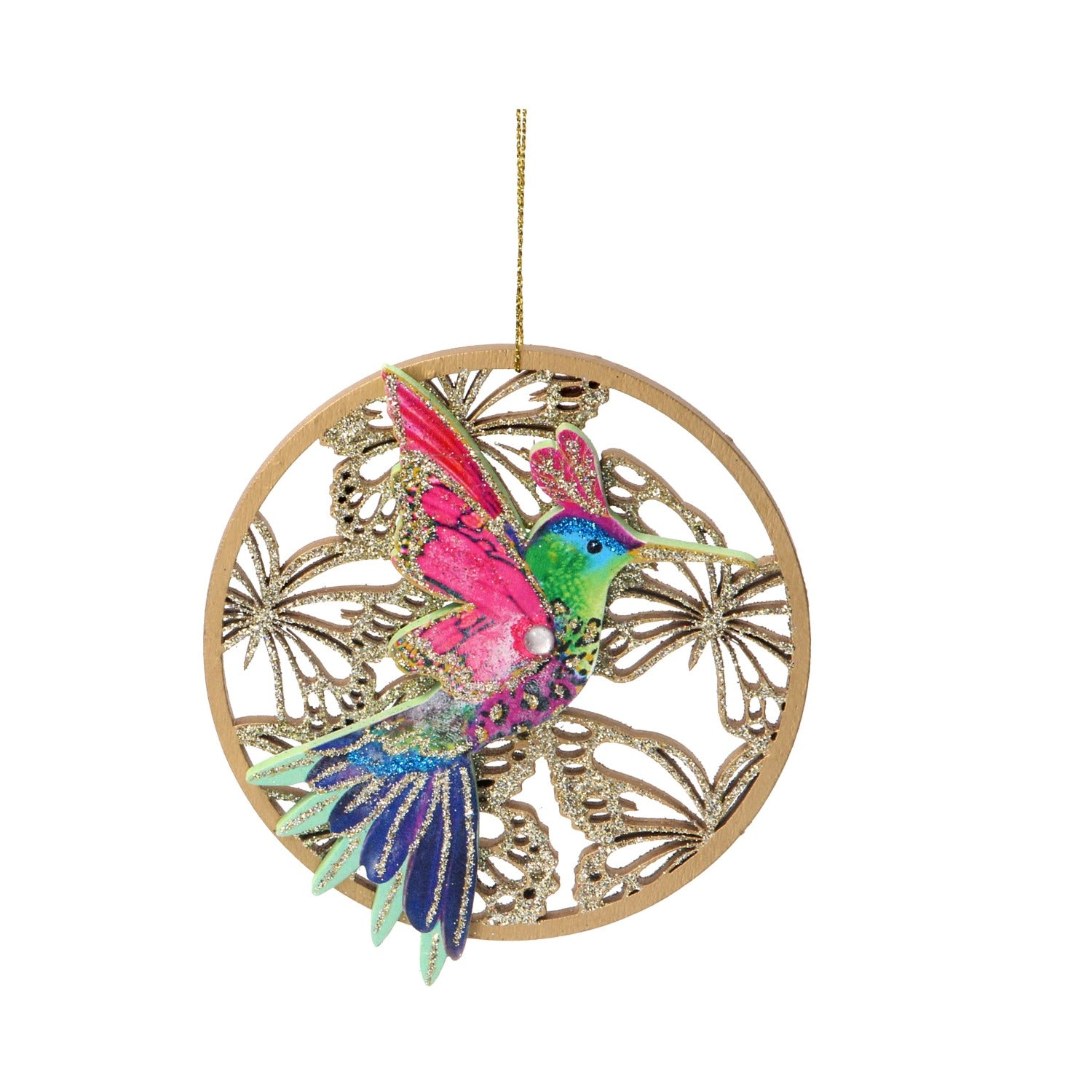 Gisela Graham Hummingbird on Wood Fretwork Pink Christmas Ornament