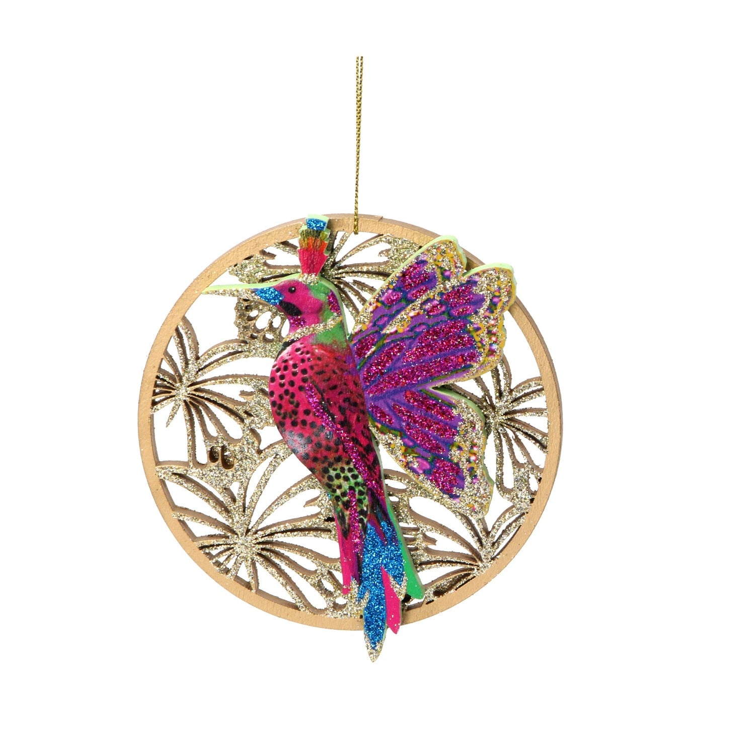 Gisela Graham Hummingbird on Wood Fretwork Pink Christmas Ornament