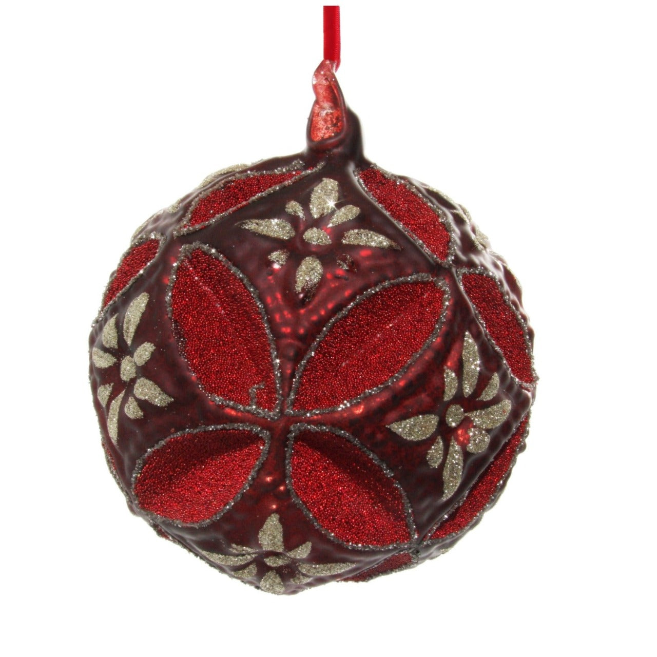 Shishi Red Glass Floral Jewel Ball Glitter Large 15cm Christmas Hanging Ornament