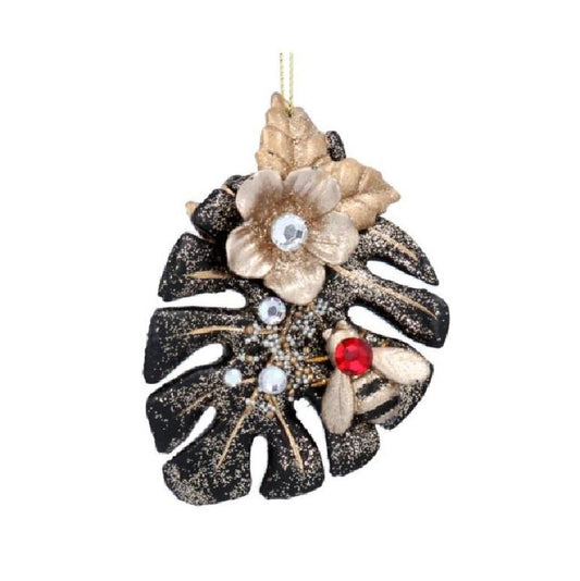 Gisela Graham Black and Gold Leaf with Bee Christmas Hanging Orn Beech Leaf
