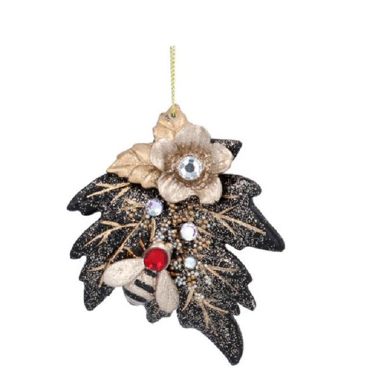 Gisela Graham Black and Gold Leaf with Bee Christmas Hanging Orn Oak Leaf