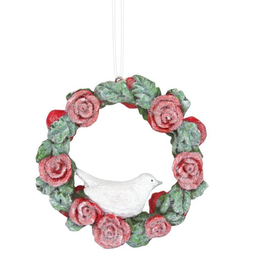 White Bird in Rose Wreath Hanging Christmas Ornaments