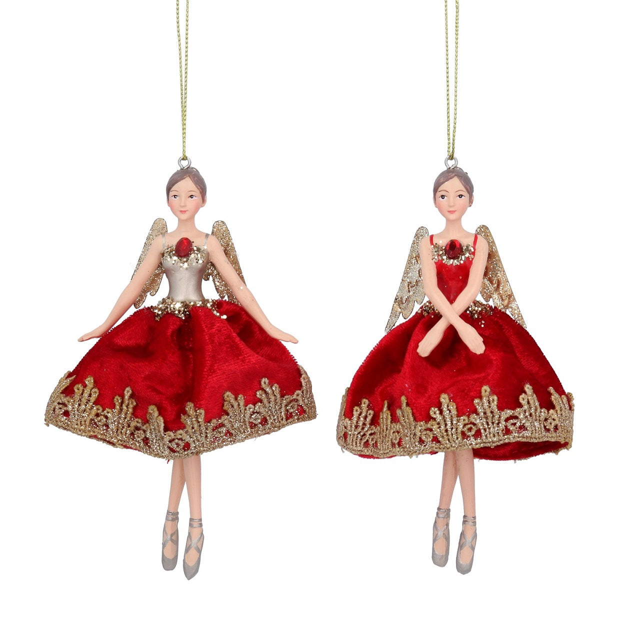 Gisela Graham Red & Gold Fabric Fairy Hanging Decoration - Gold Top  Browse our beautiful range of luxury Christmas tree decorations and ornaments for your tree this Christmas.  Add style to your Christmas tree with this elegant Christmas fairy in red fabric dress decorated with gold trim and red stone.