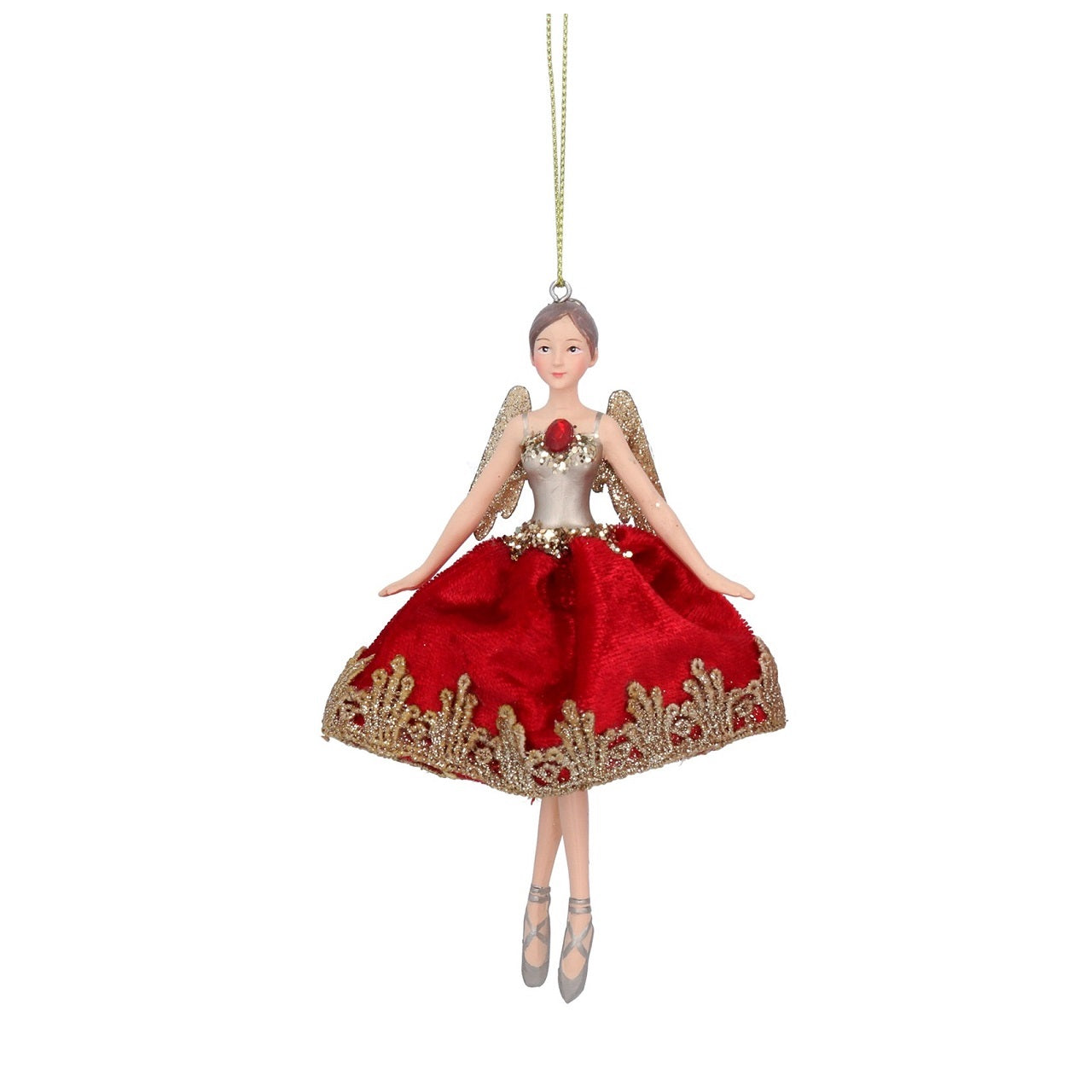 Gisela Graham Red & Gold Fabric Fairy Hanging Decoration - Gold Top  Browse our beautiful range of luxury Christmas tree decorations and ornaments for your tree this Christmas.  Add style to your Christmas tree with this elegant Christmas fairy in red fabric dress decorated with gold trim and red stone.